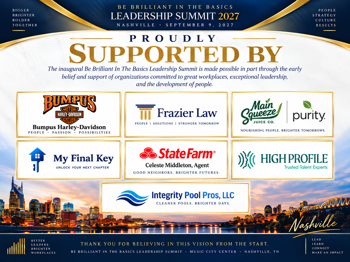 Summit sponsor logos: Bumpus Harley-Davidson, Frazier Law, Main Squeeze Juice Co. and Purity, My Final Key, State Farm agent Celeste Middleton, High Profile, and Integrity Pool Pros, LLC